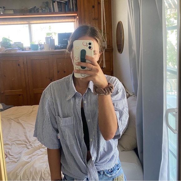 Blue and White Oversized Pinstripe Button Down Shirt - Picture 5 of 5